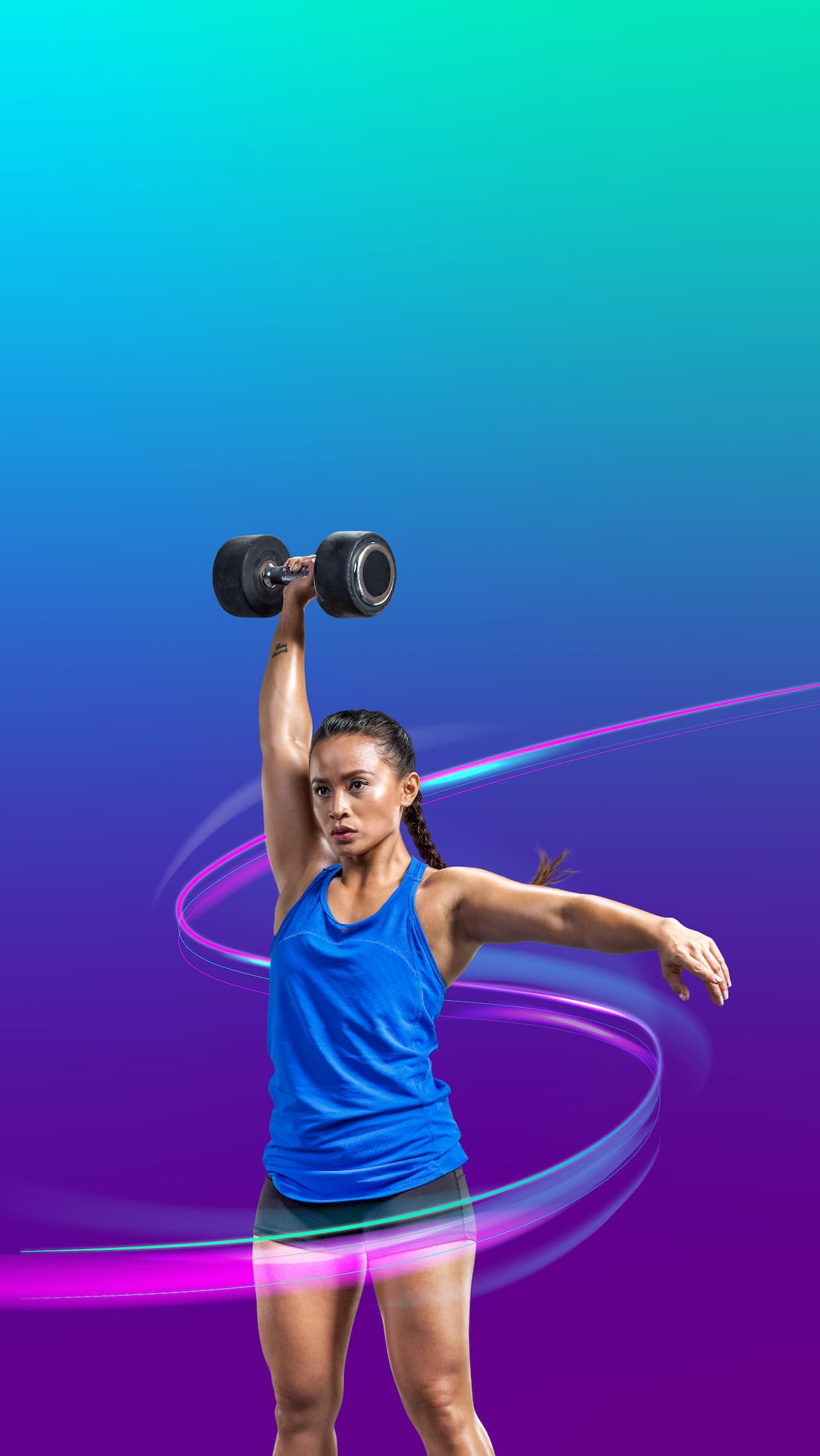 Vertical hero banner of girl performing a dumbbell clean.